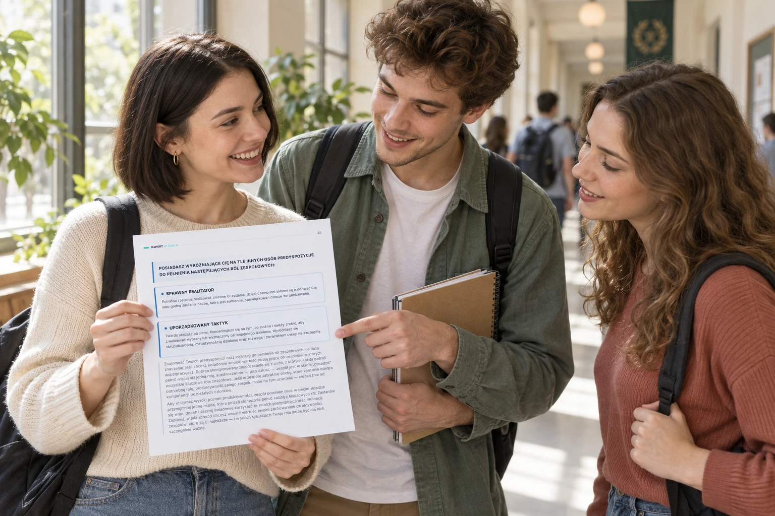 Studenci na uczelnianym korytarzu rozmawiający o swoim potencjale z przykładowym raportem iP Coach